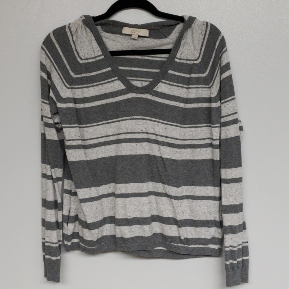 LOFT Ann Taylor Gray Striped Hooded Sweater